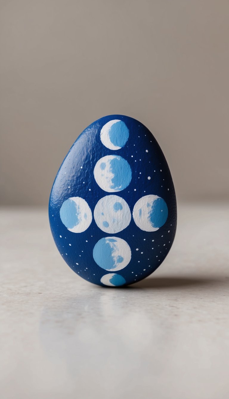 A rock with moon phases painted in space backdrop