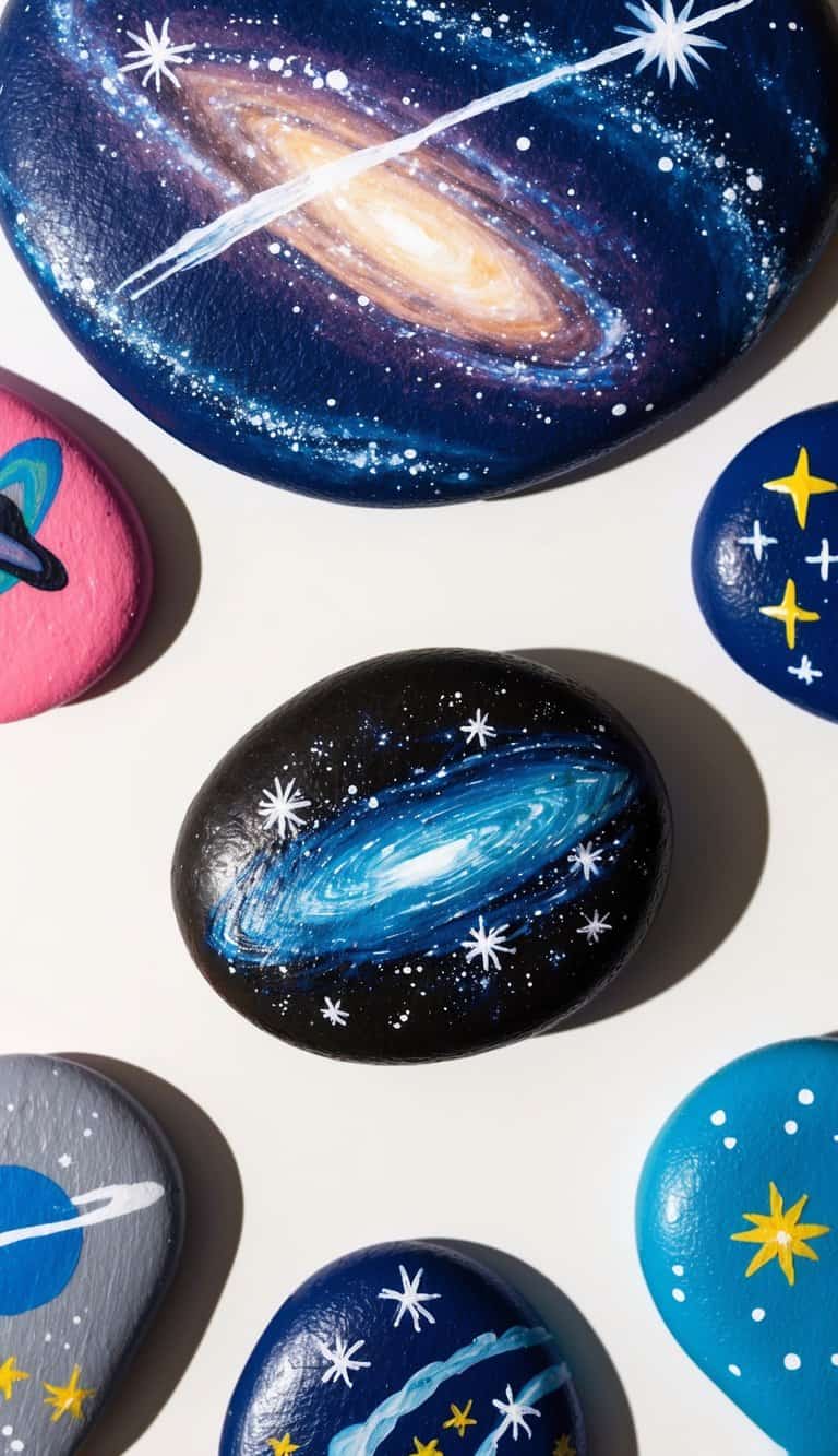A shooting star streaks across a cosmic backdrop of swirling galaxies and twinkling stars, illuminating a collection of space-themed painted rocks