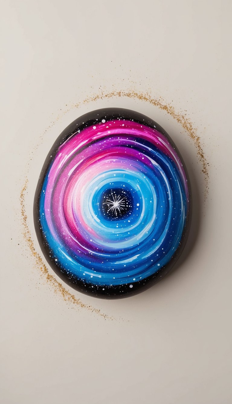 A swirling galaxy of vibrant colors emanating from a central point, surrounded by twinkling stars and cosmic dust