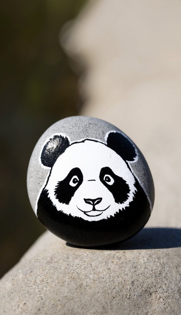 A smooth stone painted with a black and white panda face is resting on a concrete surface.