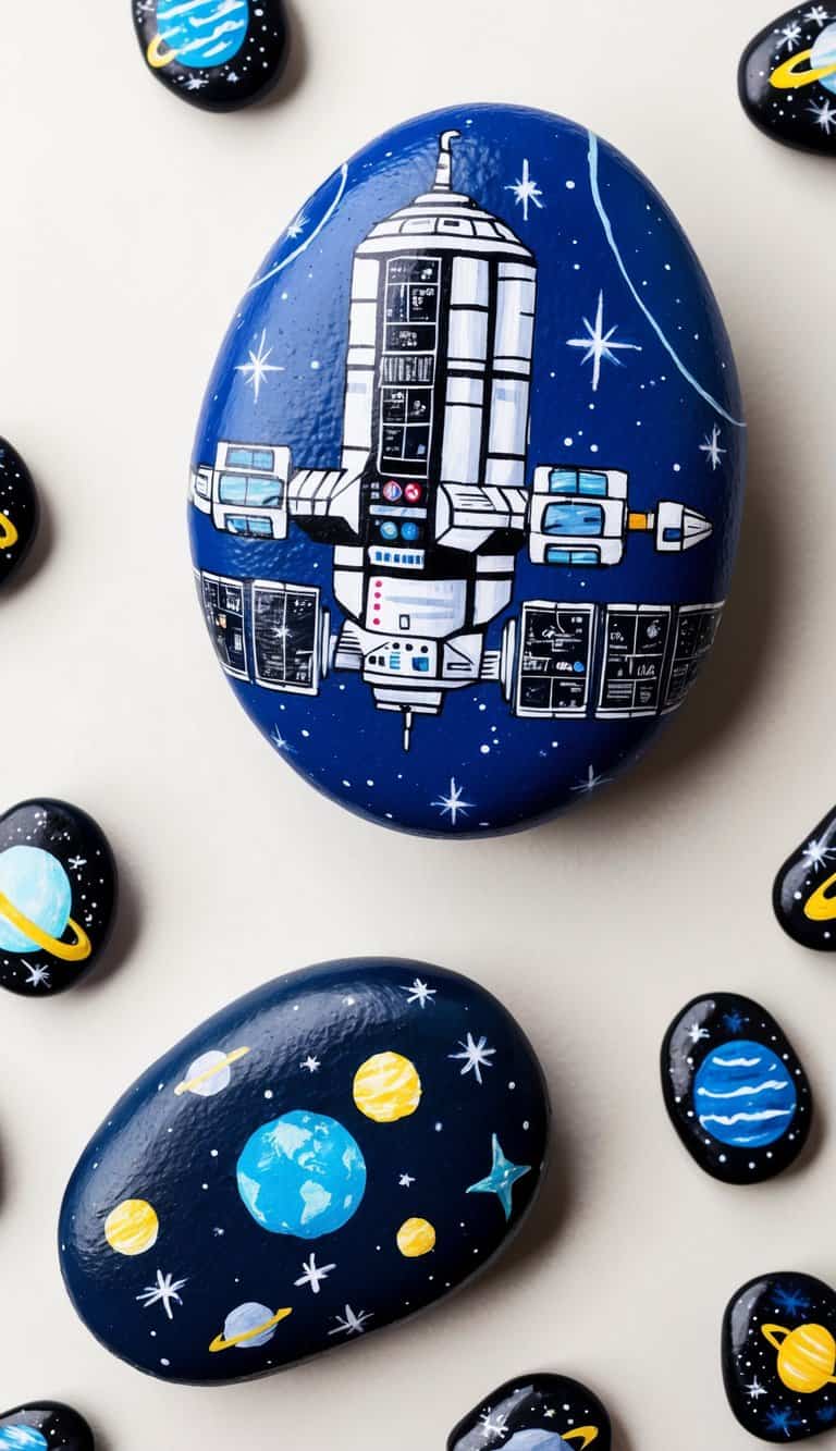 A space station with detailed schematics surrounded by 50 space-themed painted rocks, depicting the universe