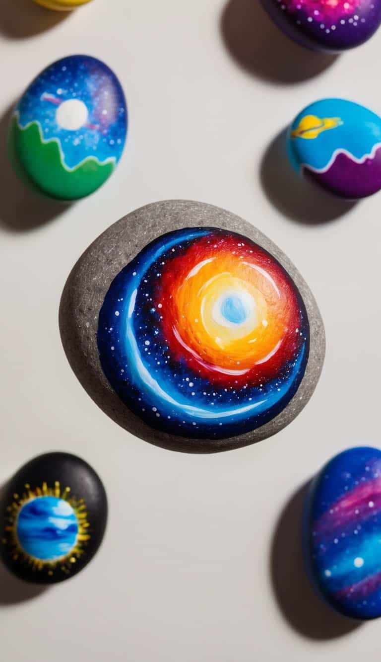 A cluster of colorful rocks floating in space, each one depicting a unique and vibrant cosmic scene