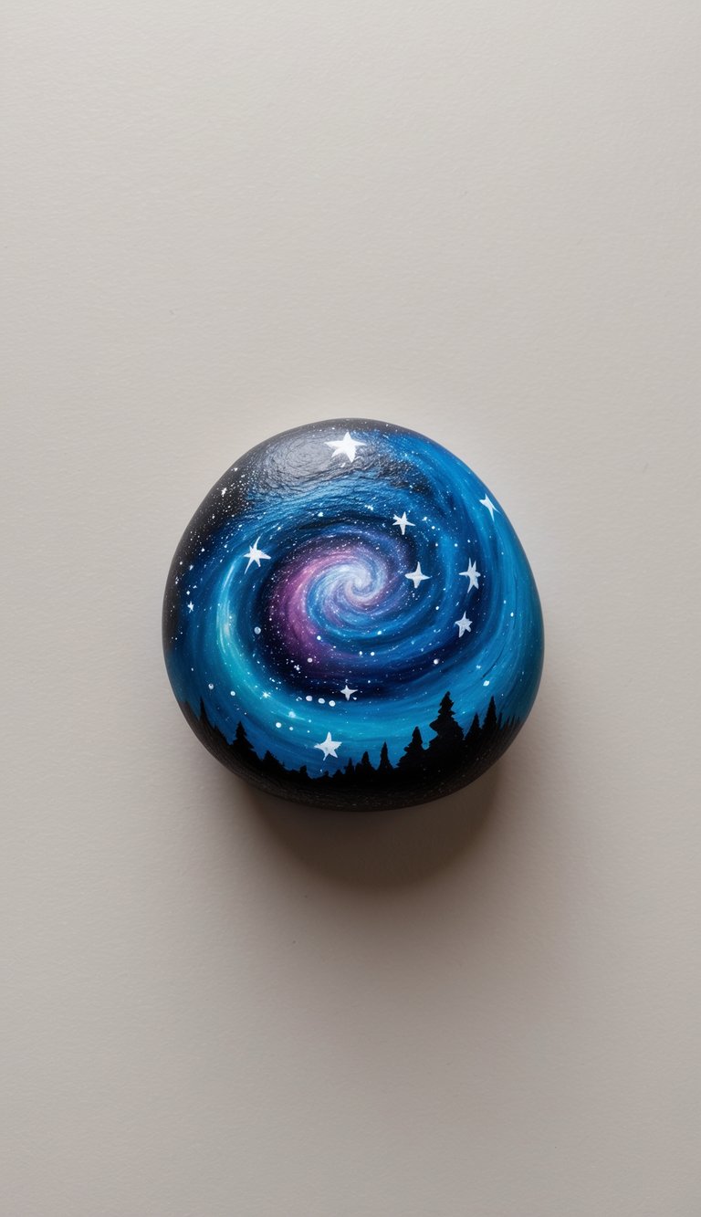 A cosmic landscape with swirling galaxies and shining stars on a rock