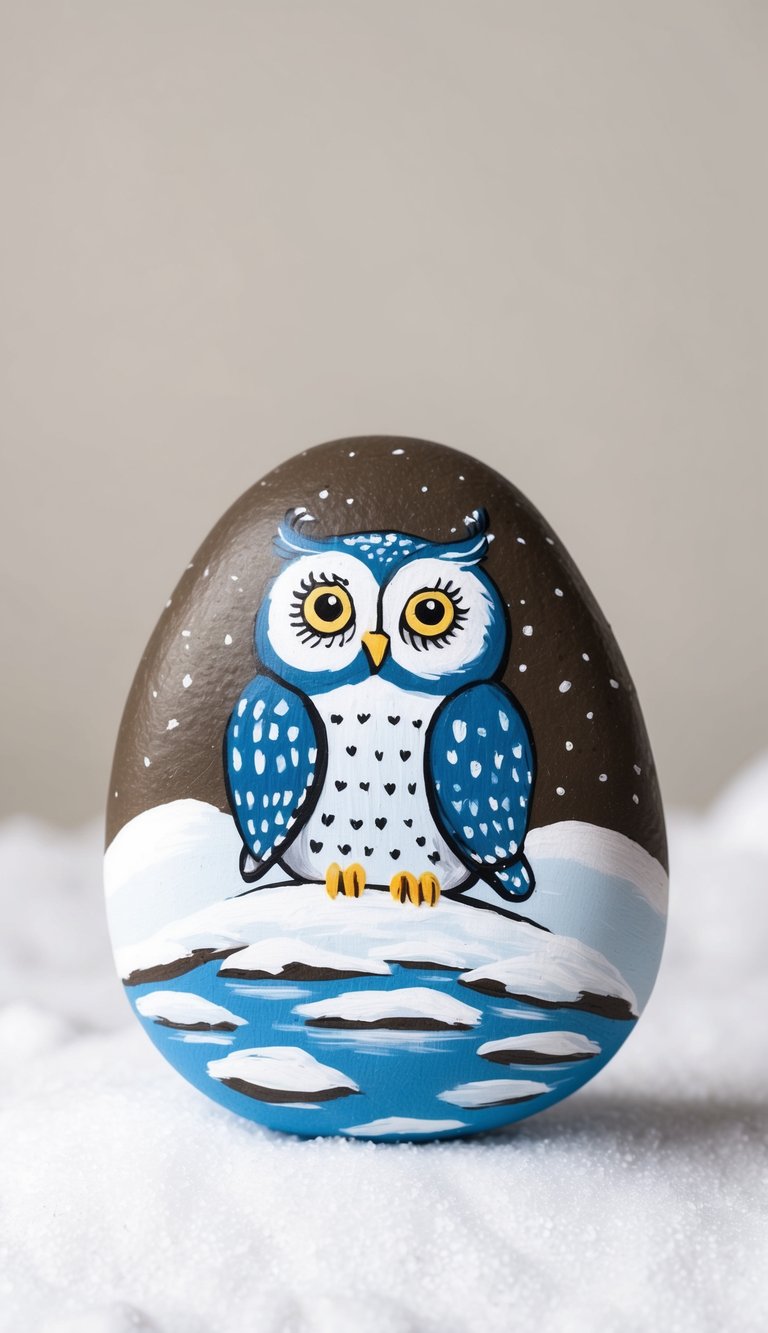 Whimsical snowy owls with big eyes perched on painted rocks in a snowy landscape