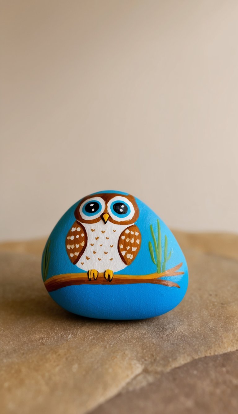 Whimsical desert owls with big eyes perched on colorful rocks