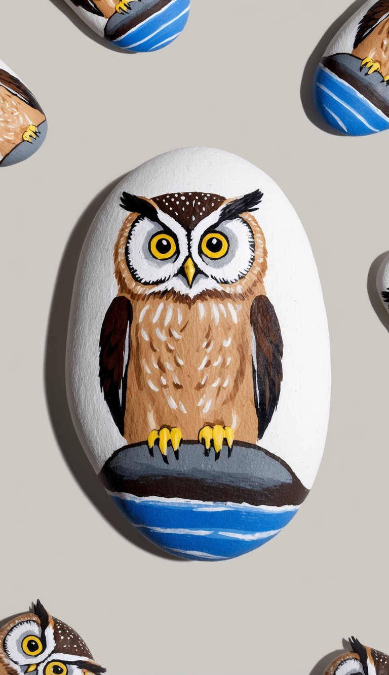 A group of majestic Eagle Owls with big eyes perched on whimsically painted rocks