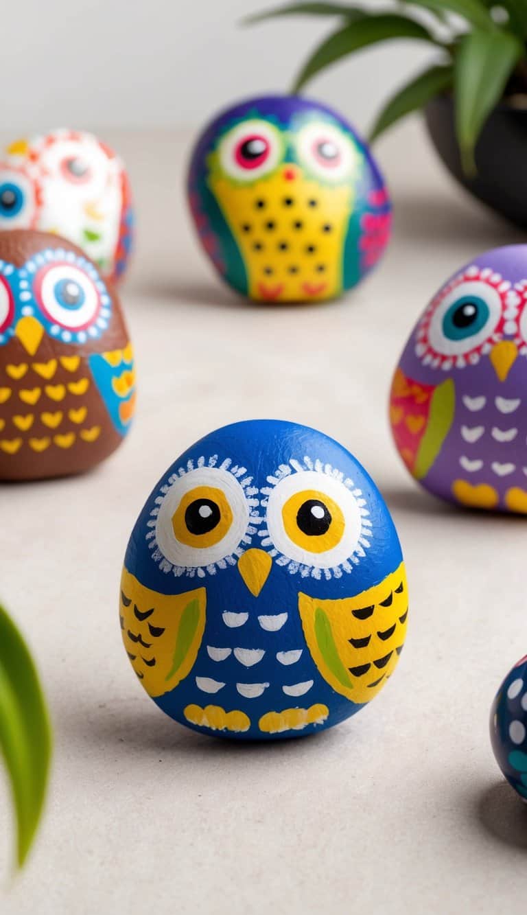 Whimsical owl painted rocks arranged in a zen garden, with big-eyed designs in various colors and patterns