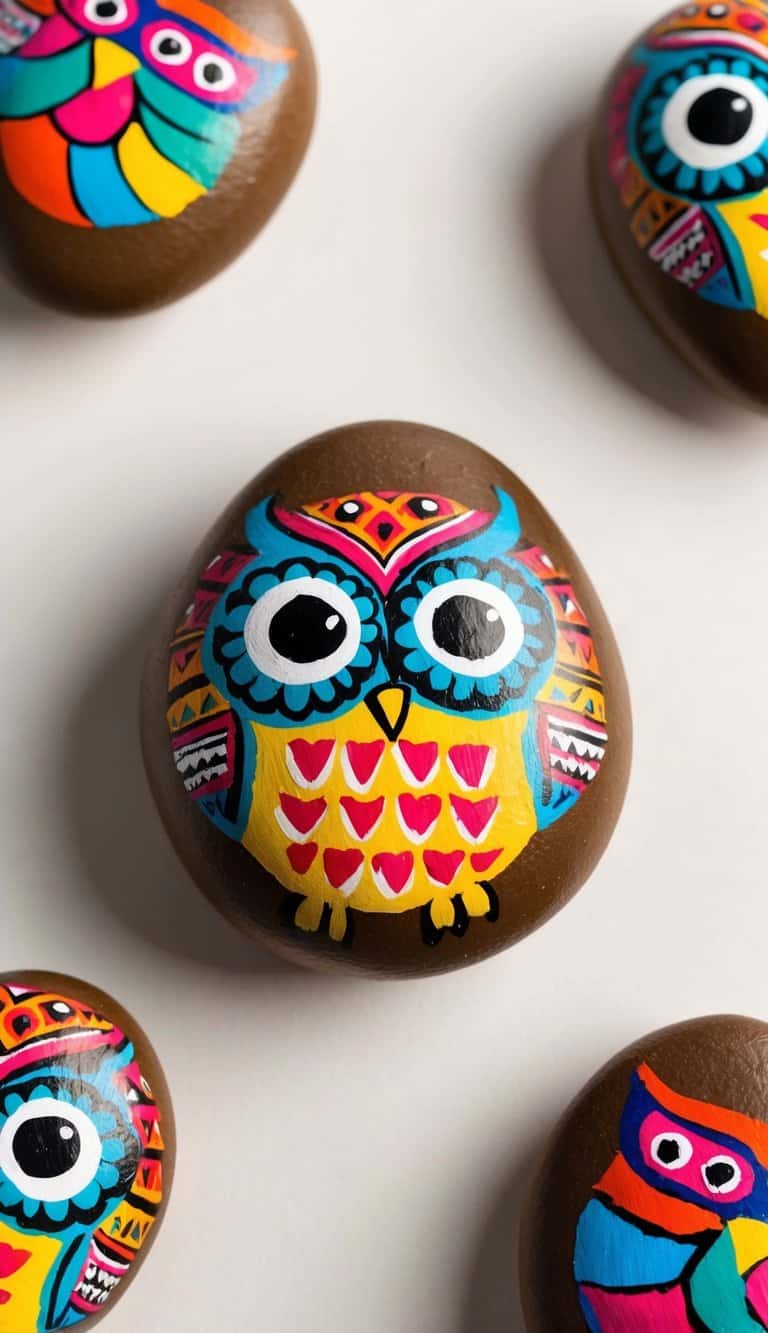 Whimsical owl painted rocks with vibrant tribal patterns and big eyes