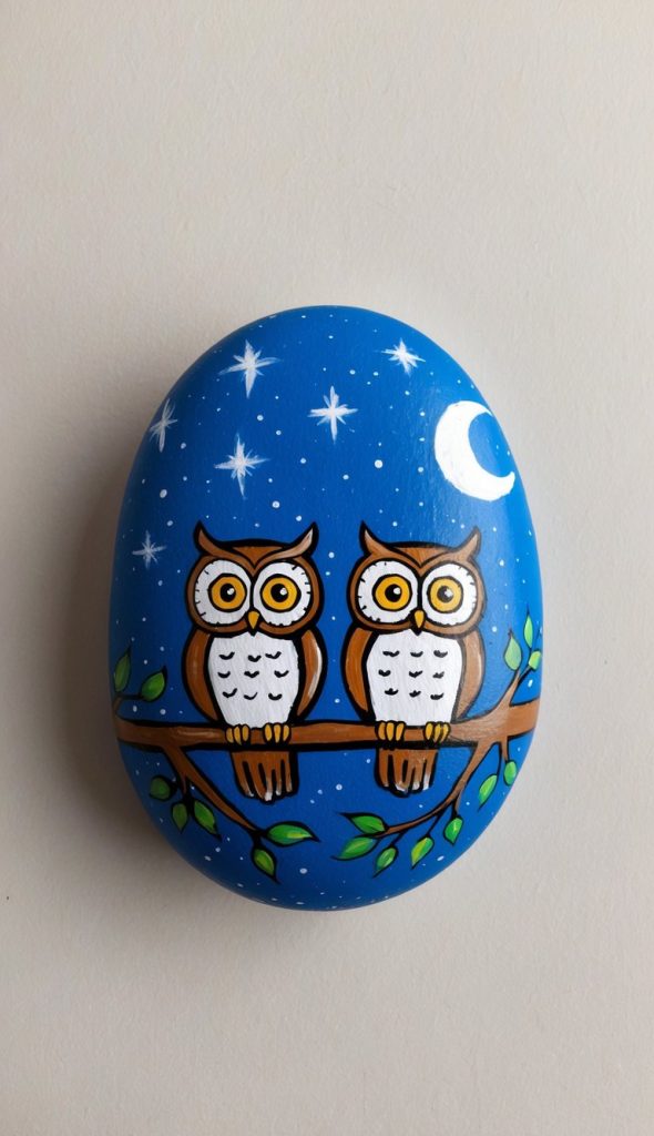A painted rock shows two owls sitting on a branch under a starry night sky with a crescent moon.