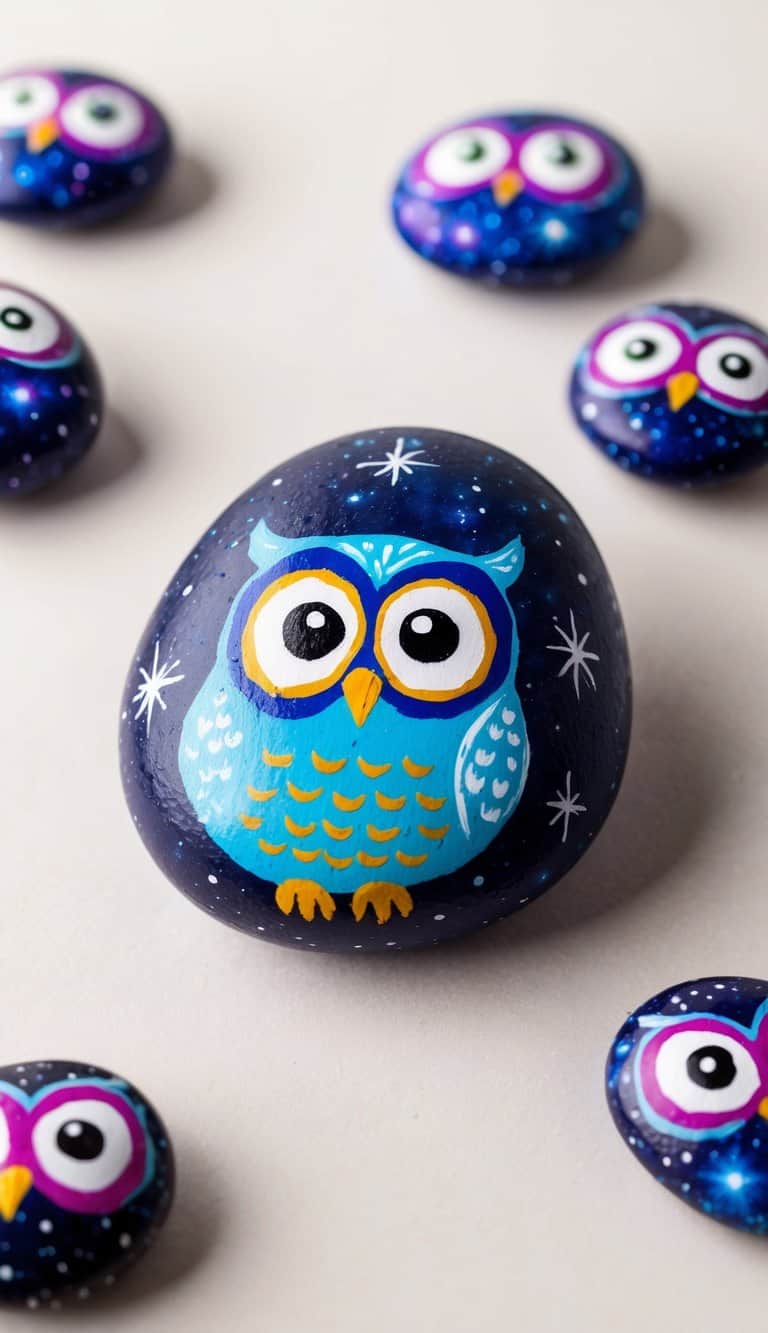 Whimsical owl painted rocks with big eyes scattered in a galaxy-themed setting