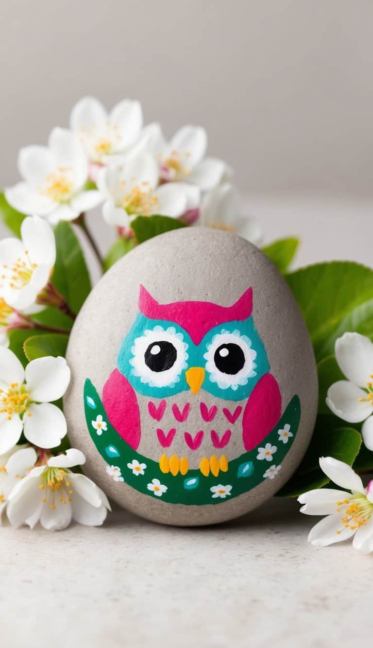 Whimsical owl painted rocks with big eyes nestled among spring blossoms