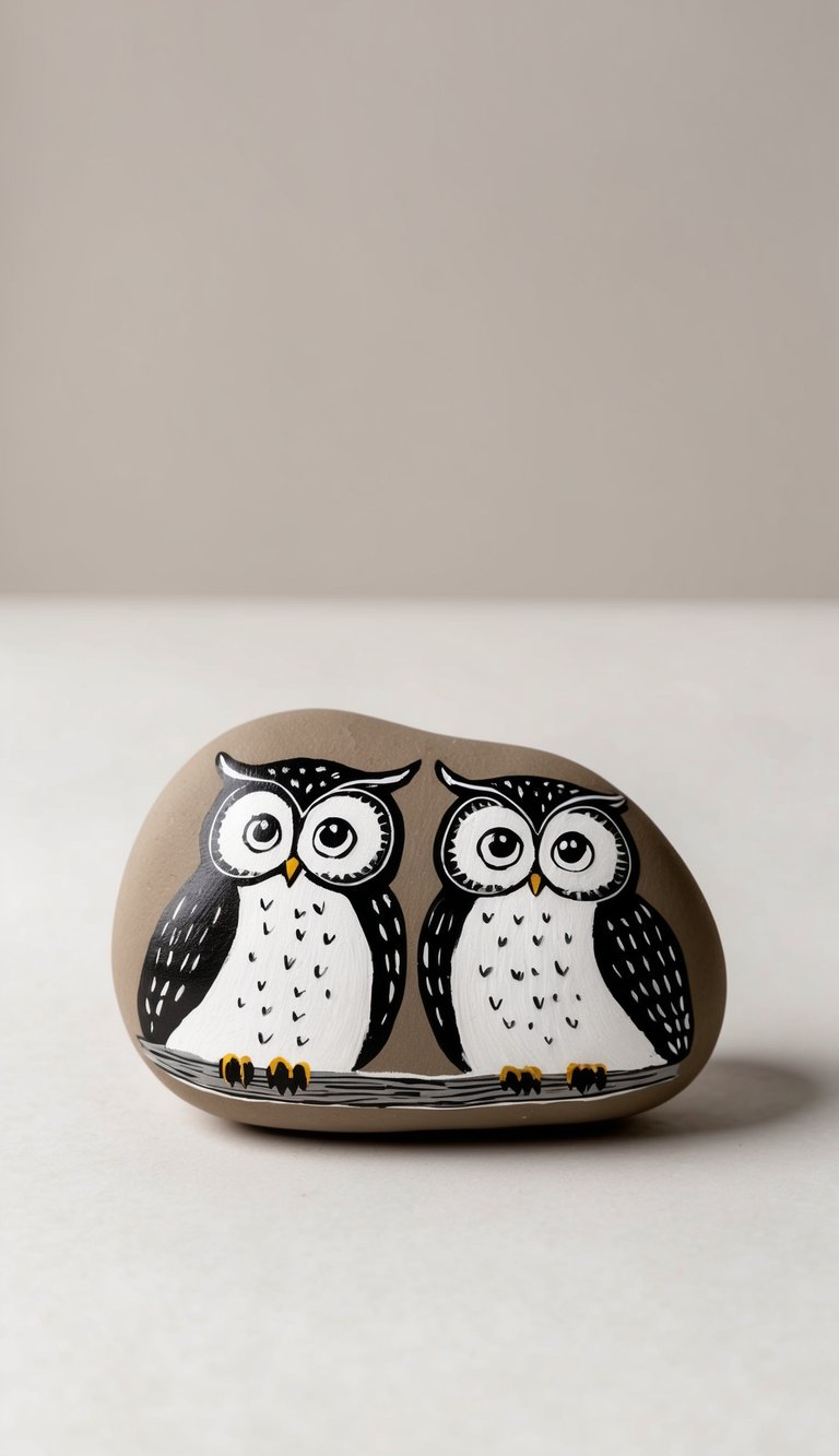 Two striking black and white owls with big eyes perched on a whimsically painted rock