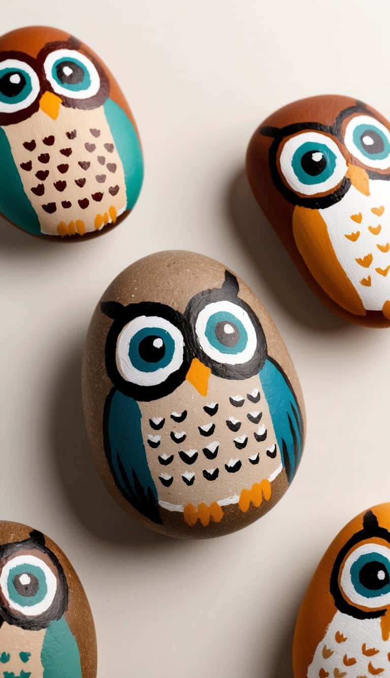 Whimsical owl painted rocks with big eyes in earthy tones