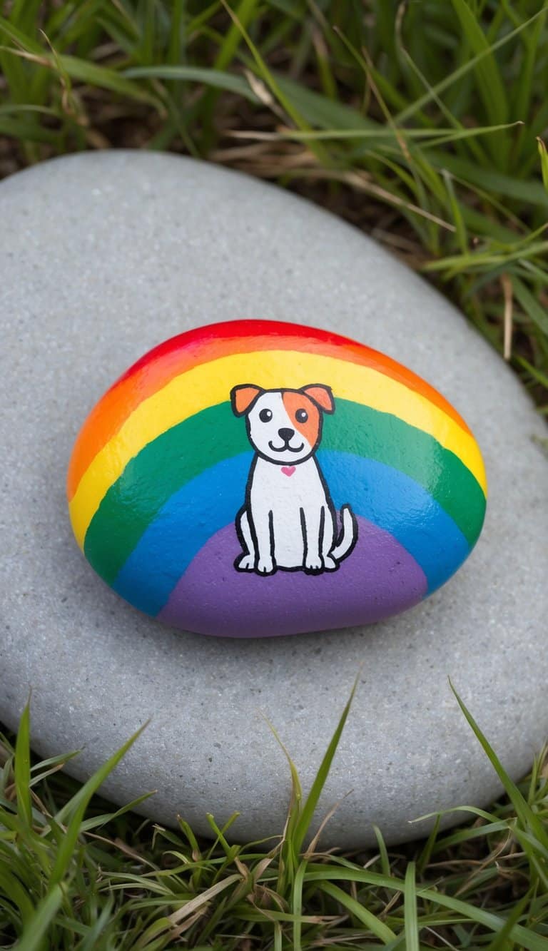 A smooth rock with a rainbow gradient, adorned with a cute painted pet design, sits on a grassy surface