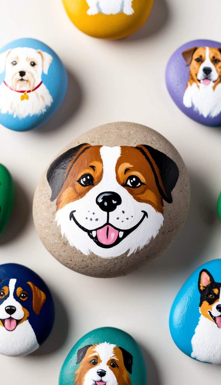 A smiling rock with a dog's face painted on it, surrounded by other painted rocks depicting various pets