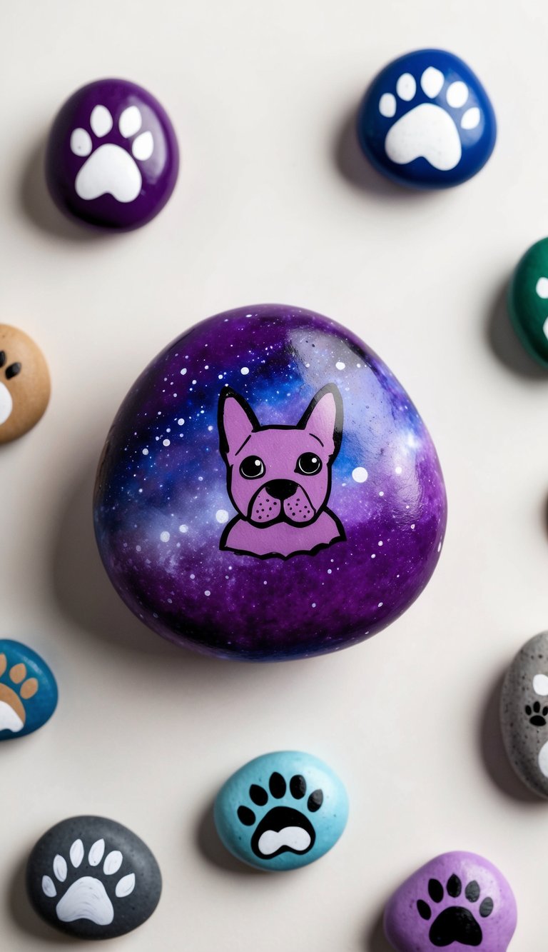 A purple galaxy rock with a painted pet, surrounded by smaller rocks with various pet designs