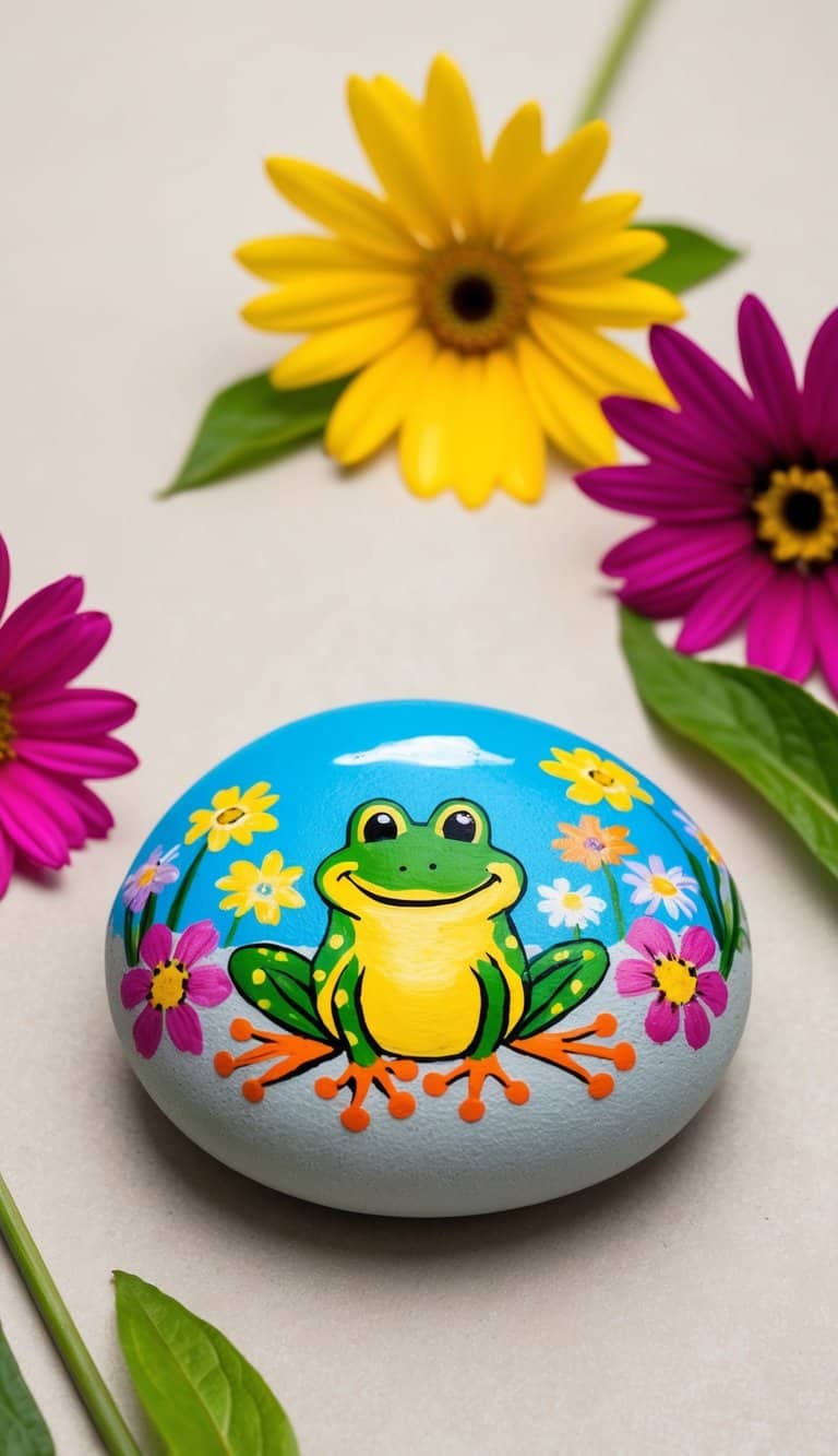 A cheerful frog sitting on a smooth rock, surrounded by colorful flowers and a bright blue sky