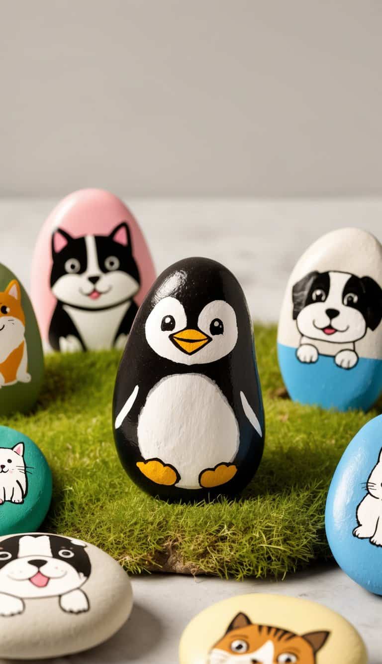 A cute penguin rock sits on a grassy patch, surrounded by other painted rocks depicting various pets