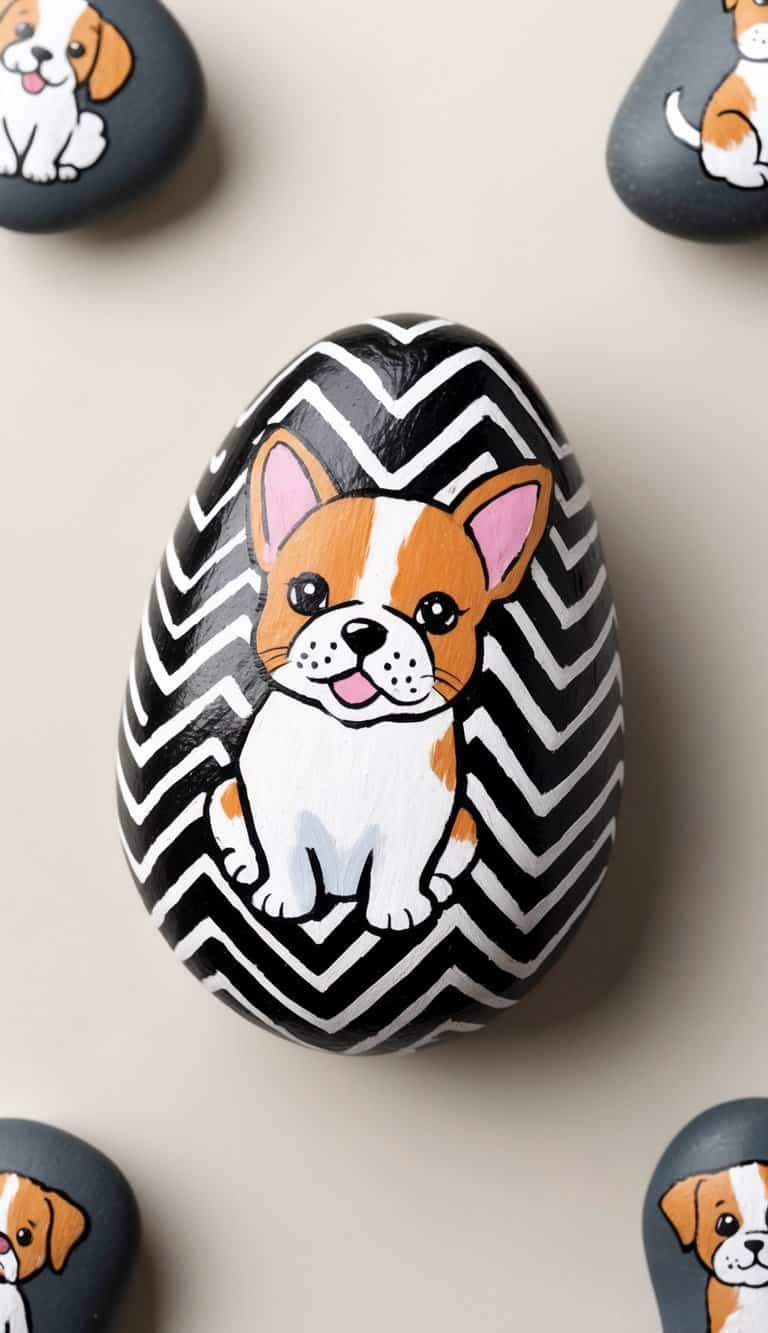 A chevron-patterned rock with a painted image of a cute pet, surrounded by smaller rocks with similar pet designs