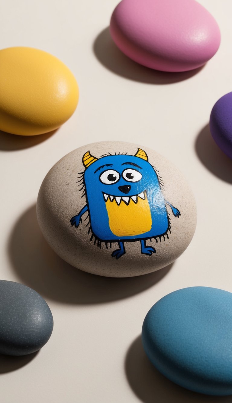 A funny monster rock with a pet-like creature painted on it, surrounded by colorful rocks