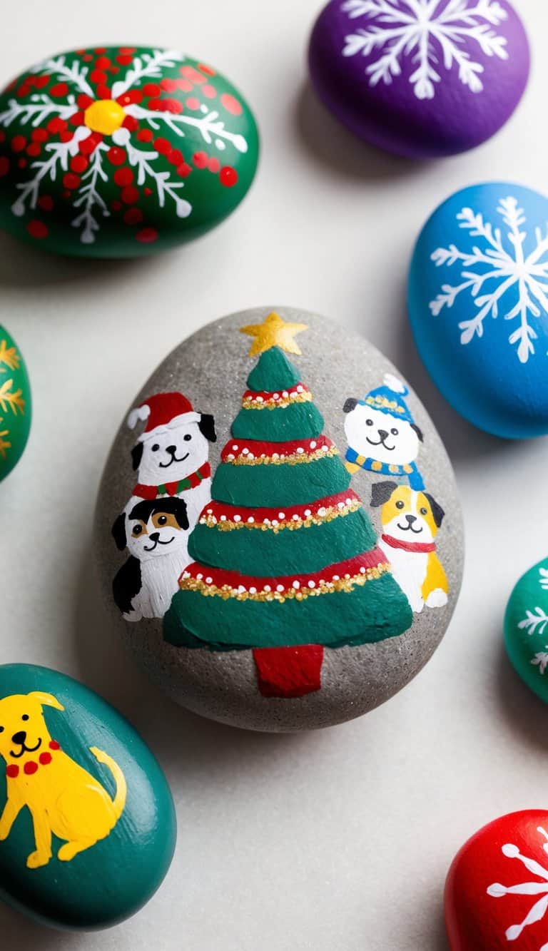 A festive Christmas tree-shaped rock adorned with painted pets and surrounded by other colorful painted rocks