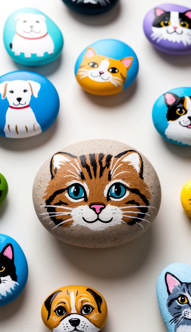 A small, round rock with a cute cat face painted on it, surrounded by other painted rocks featuring various pets