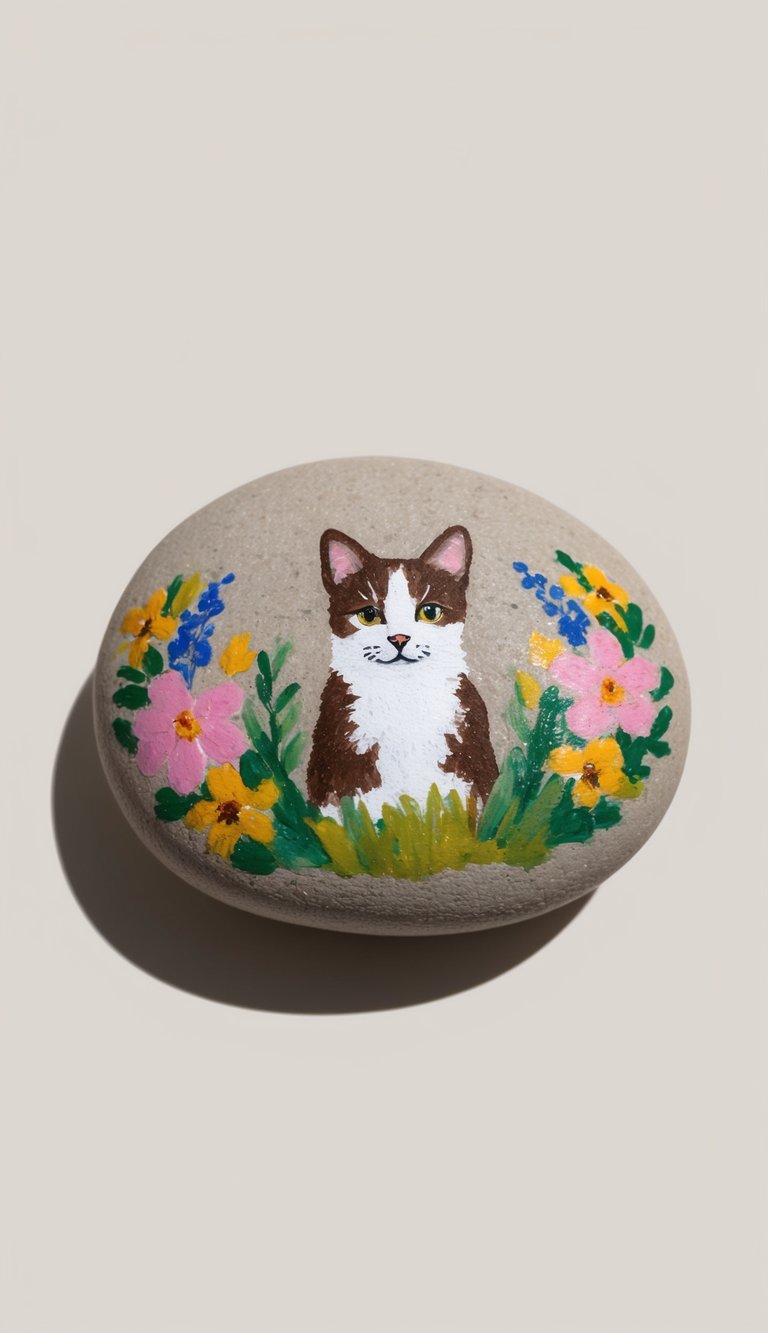 A small, smooth rock with a hand-painted image of a pet, such as a cat or dog, surrounded by colorful flowers and foliage