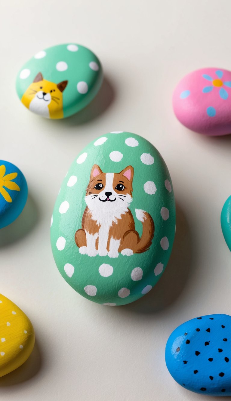 A mint green polka dot rock with a cute pet painted on it, surrounded by other colorful painted rocks