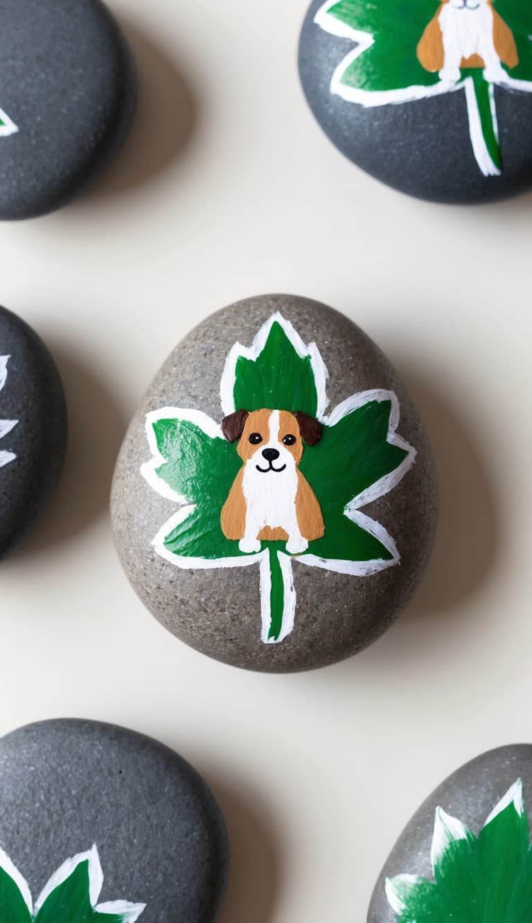 A small leaf-shaped rock with a simple, cartoon-style painting of a pet animal, surrounded by other similar rocks