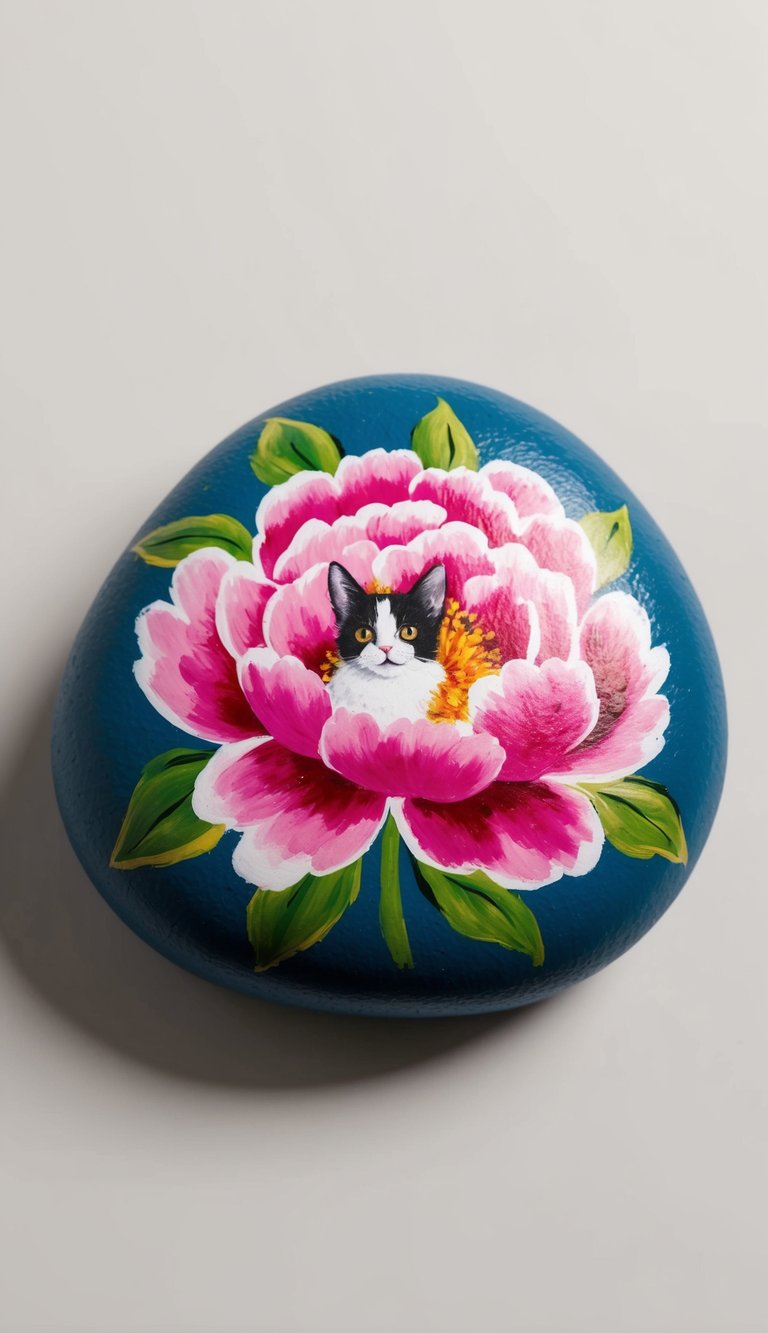 A colorful peony flower painted on a smooth rock, with a small pet, like a cat or dog, depicted in the center