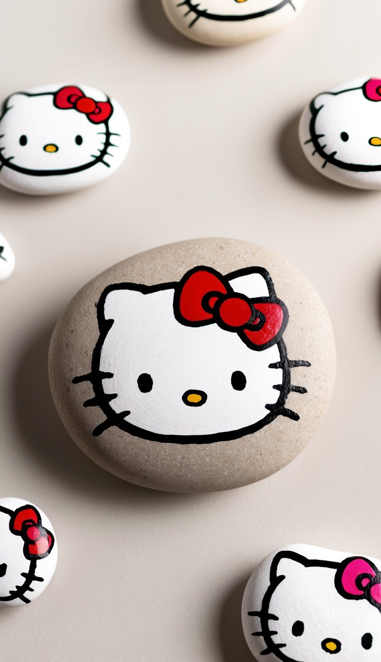 A classic Hello Kitty face with a red bow painted on a smooth rock, surrounded by other Hello Kitty-inspired painted rocks