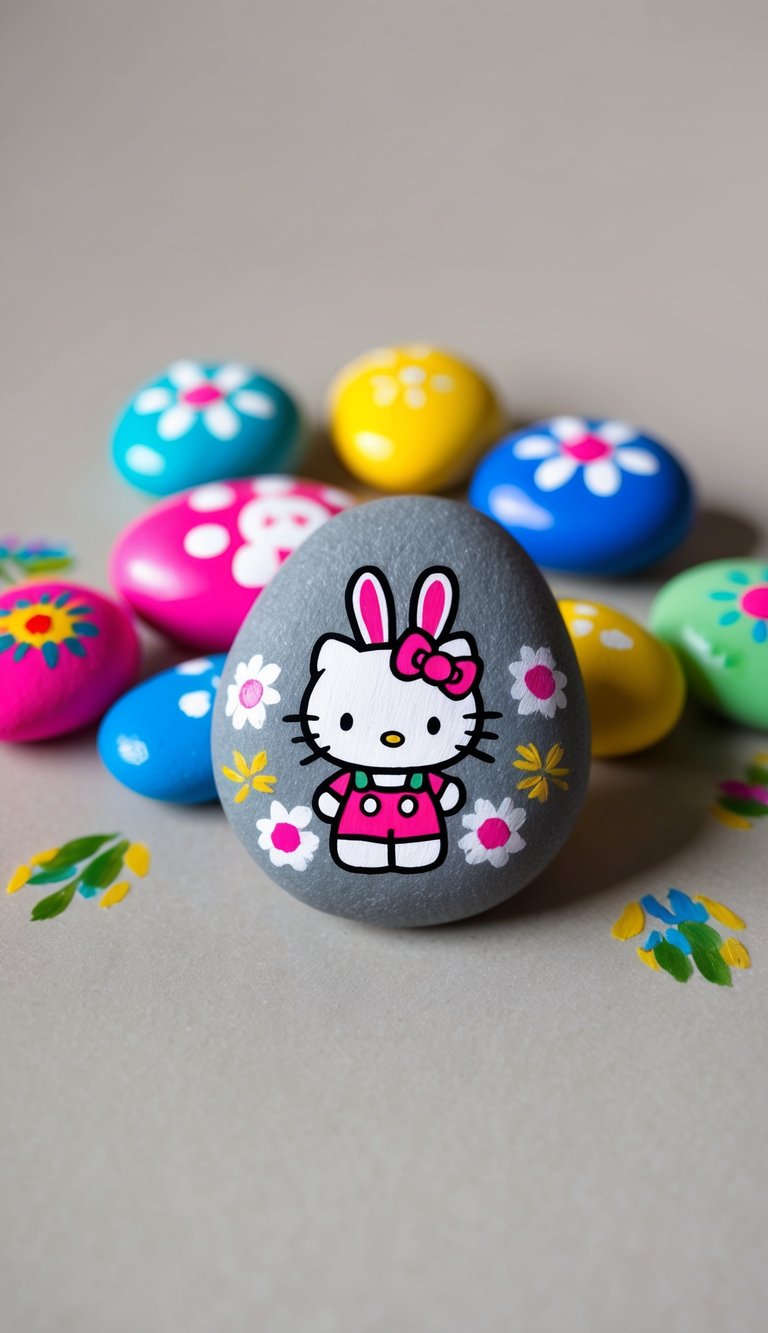Hello Kitty in a bunny costume surrounded by colorful painted rocks