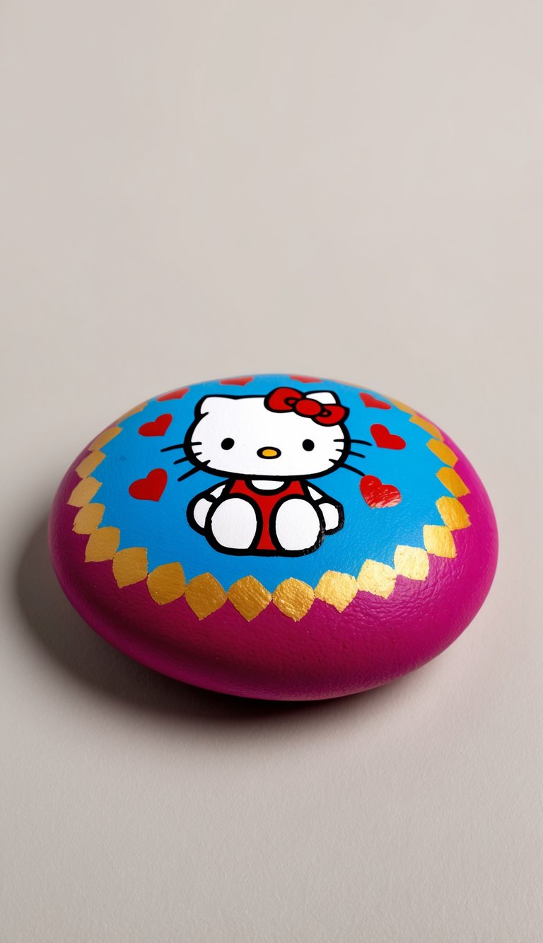 Hello Kitty surrounded by hearts, sitting on a colorful painted rock
