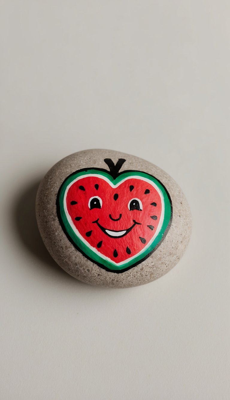 A heart-shaped watermelon with a smiling face painted on a rock