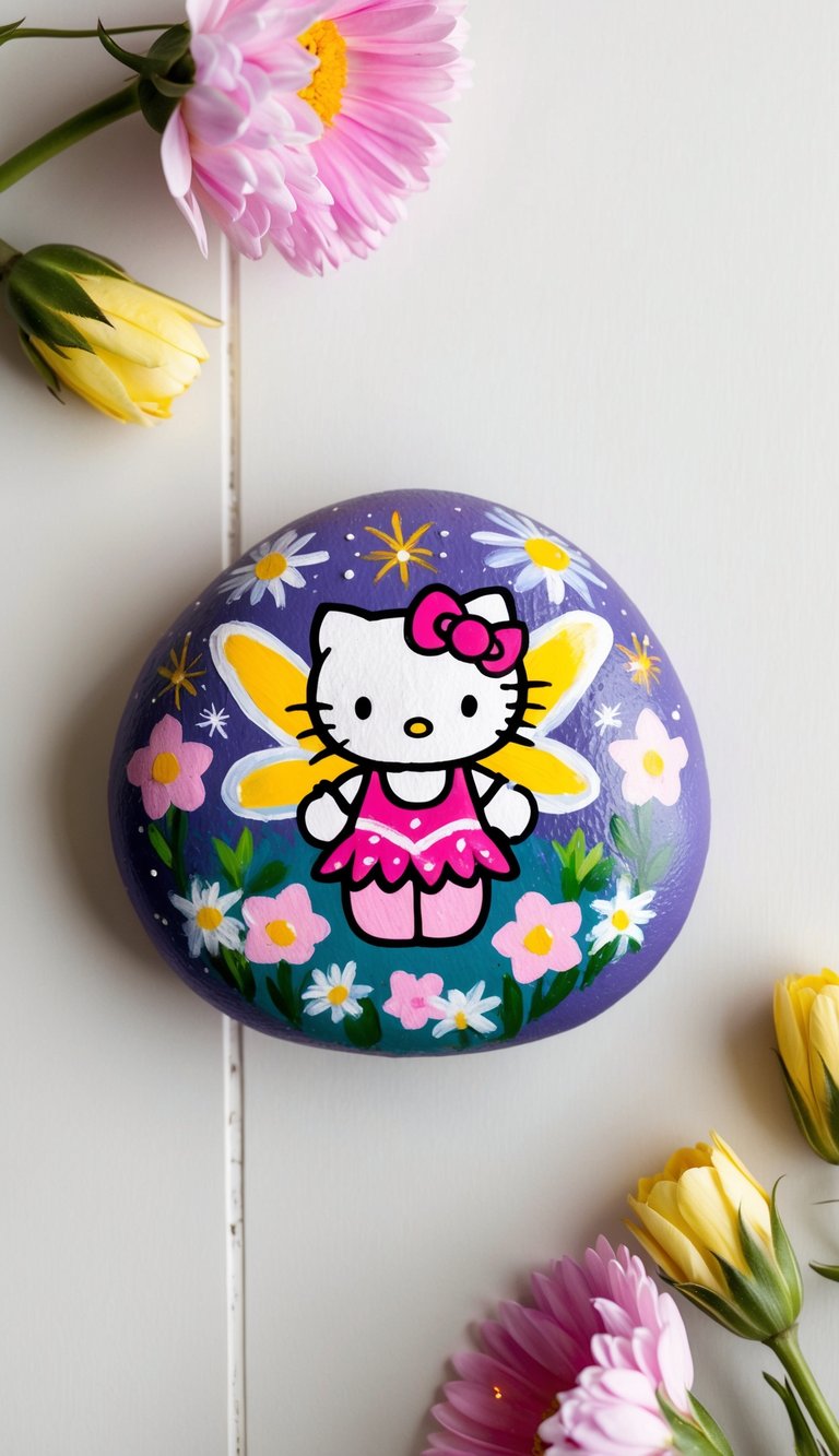 Hello Kitty, wearing a fairy costume, sits on a whimsical painted rock surrounded by flowers and sparkles