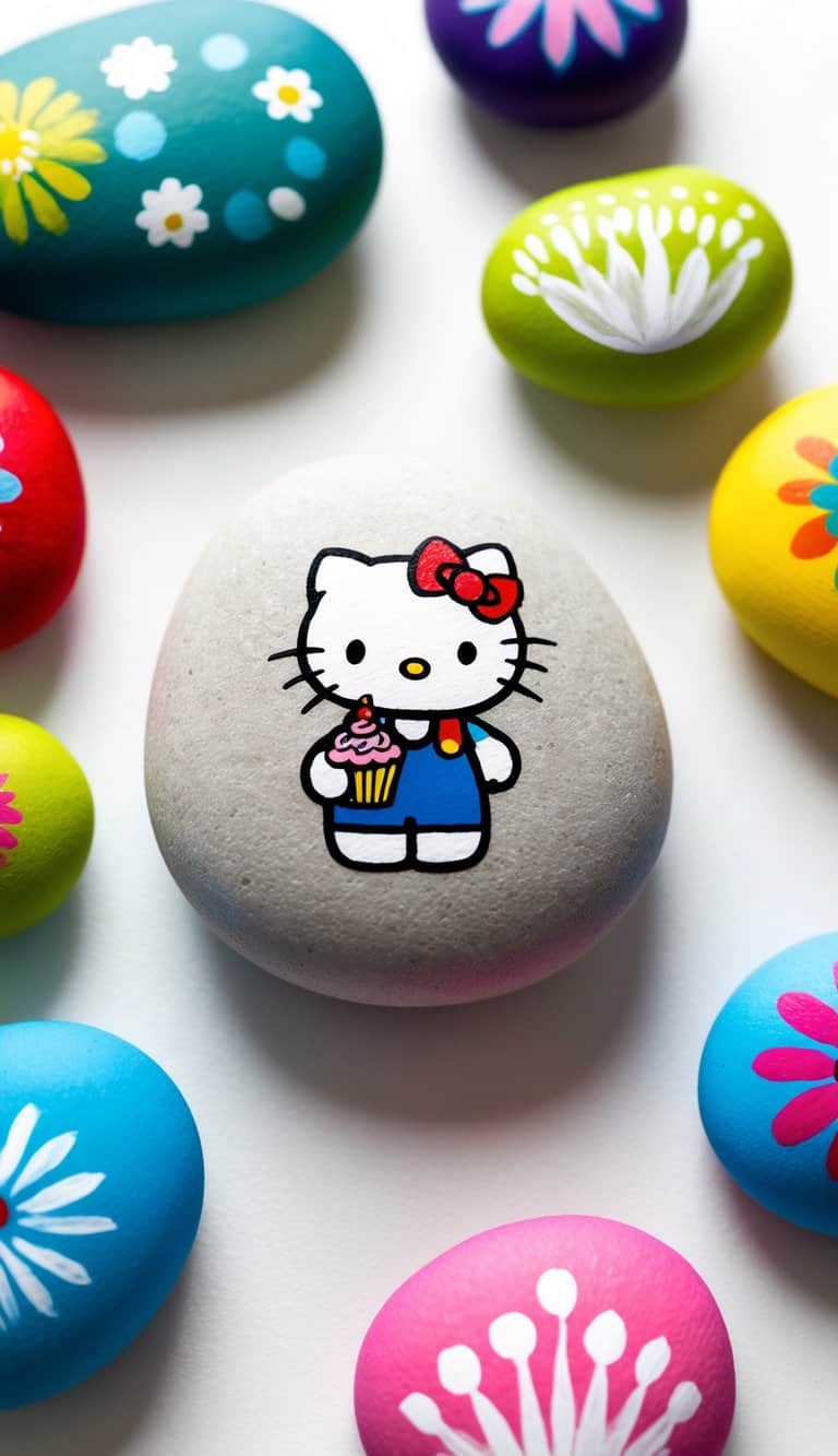 Hello Kitty holding a cupcake, surrounded by colorful painted rocks