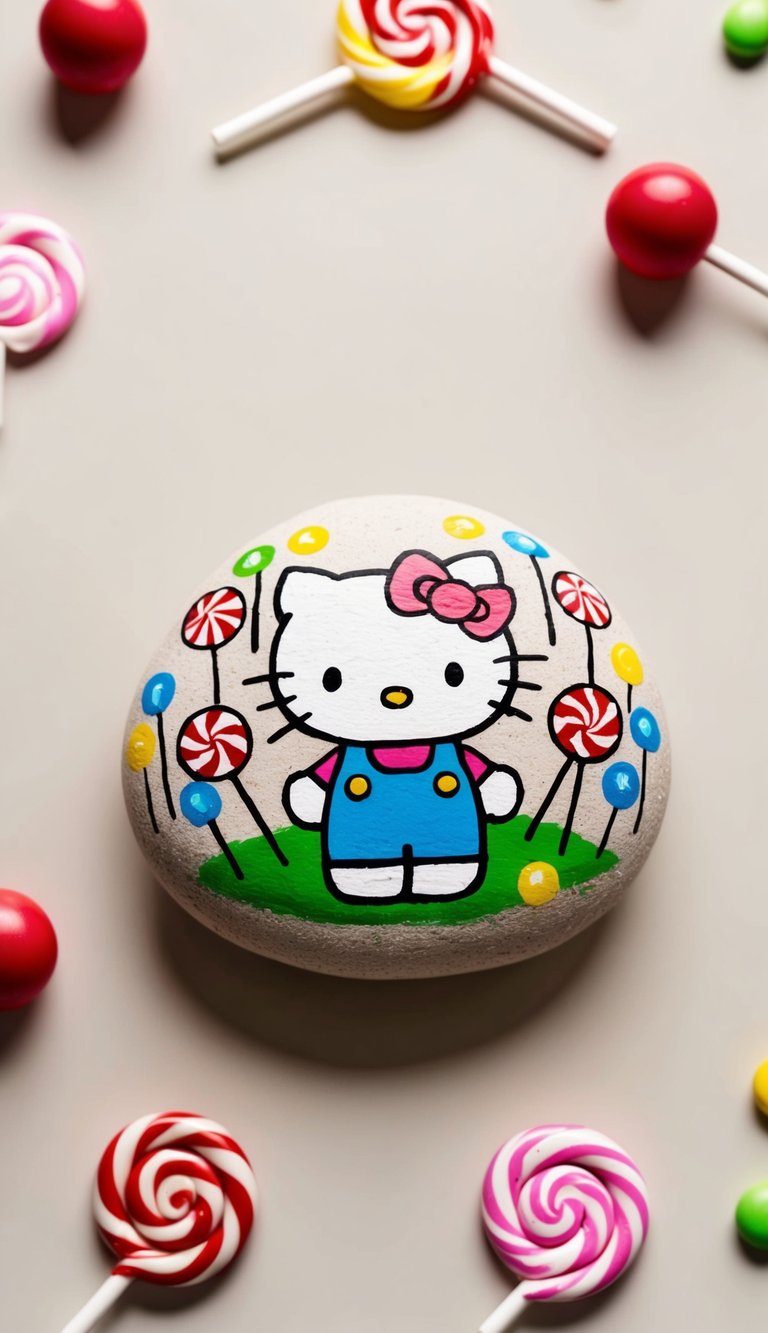 Hello Kitty surrounded by colorful candy and lollipops in a whimsical Candyland setting