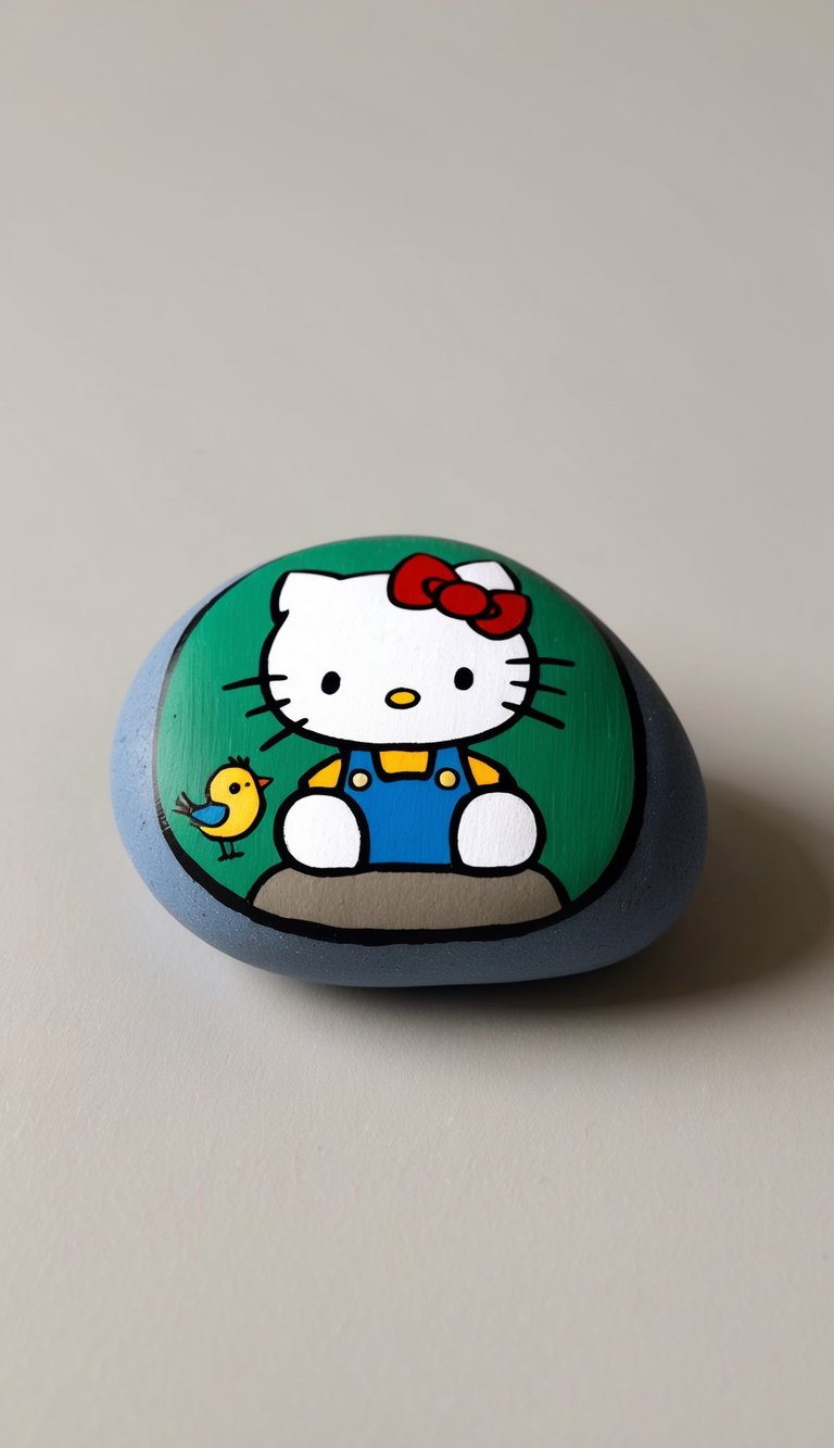 Hello Kitty sitting on a painted rock with a little bird perched nearby