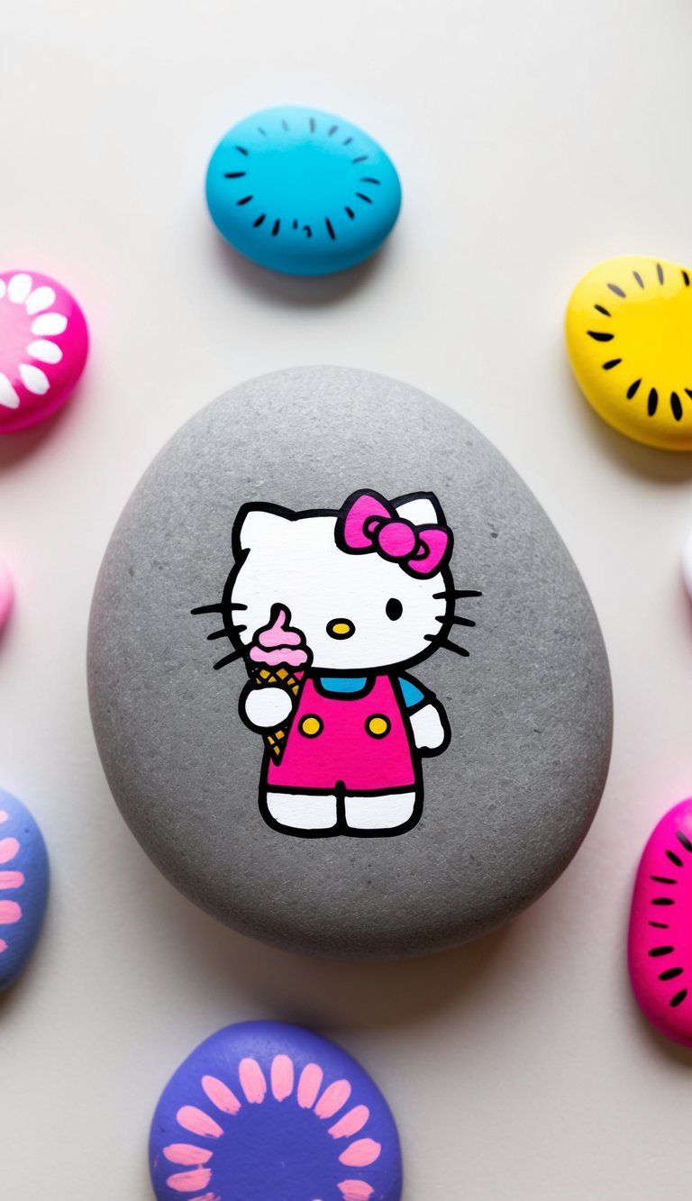Hello Kitty holding ice cream cones, surrounded by colorful painted rocks