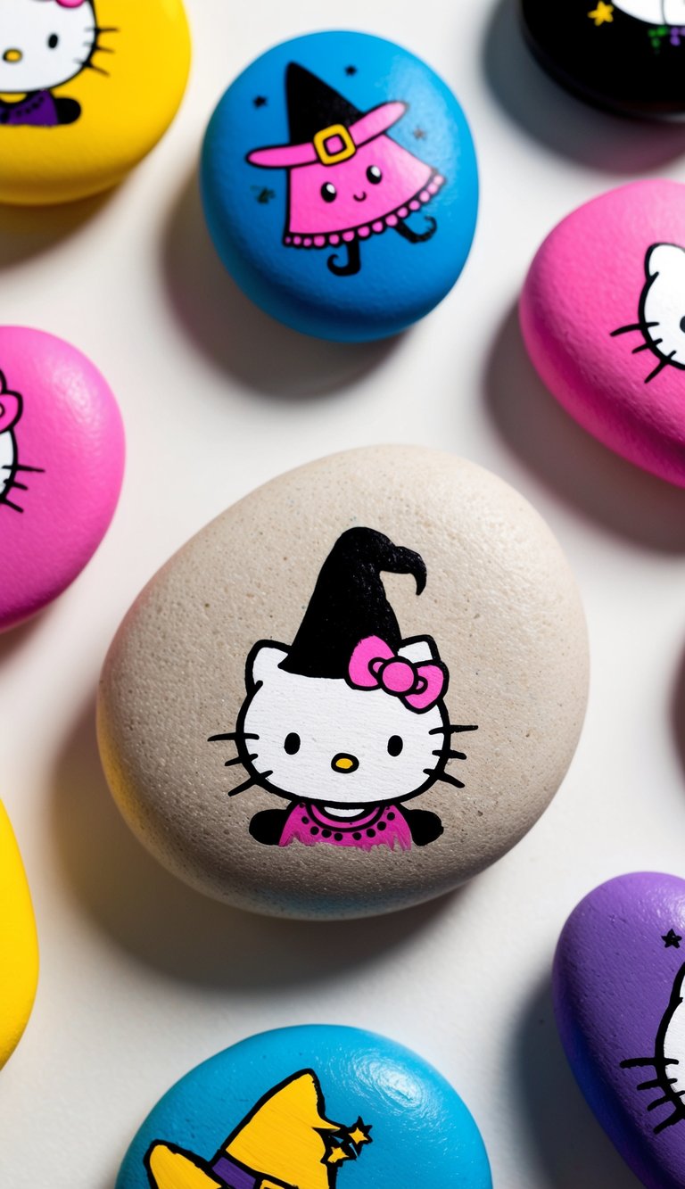 Hello Kitty wears a witch hat, surrounded by colorful painted rocks inspired by her