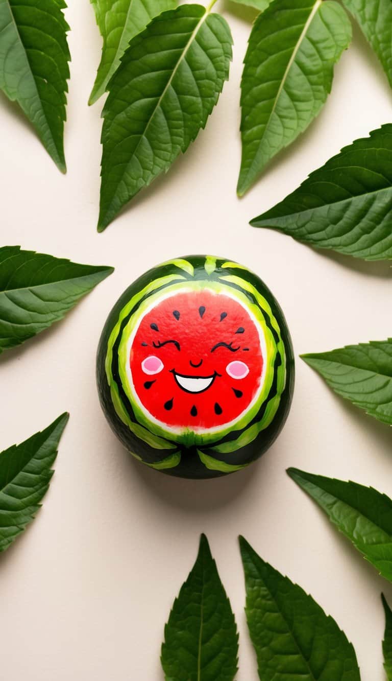 A watermelon with a smile and blush cheeks, surrounded by vibrant green leaves, on a painted rock