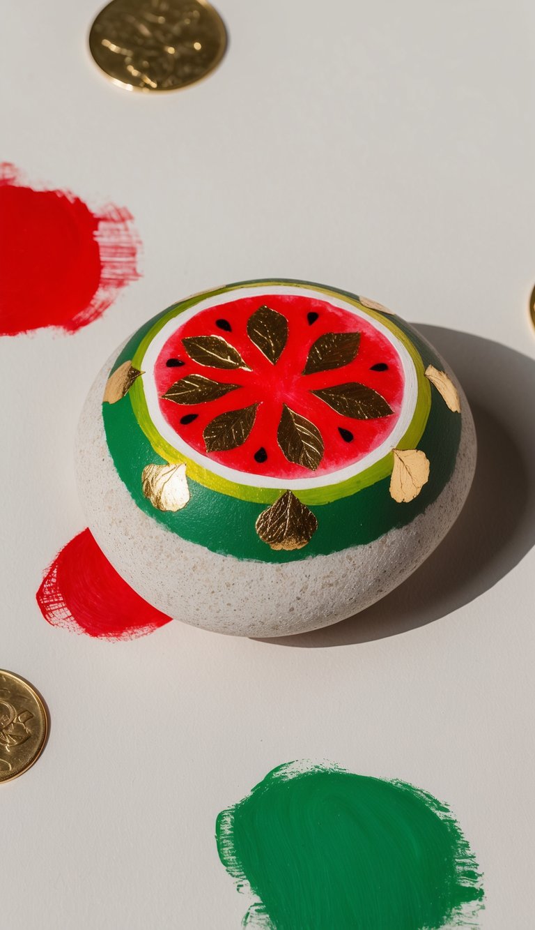 A watermelon slice with gold leaf accents sits on a painted rock, surrounded by vibrant green and red colors