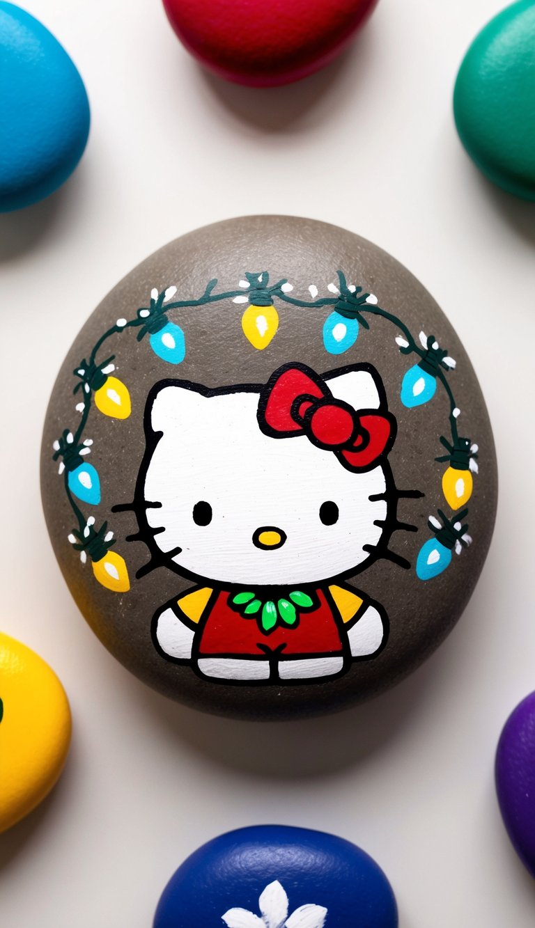 Hello Kitty adorned with Christmas lights, surrounded by colorful painted rocks