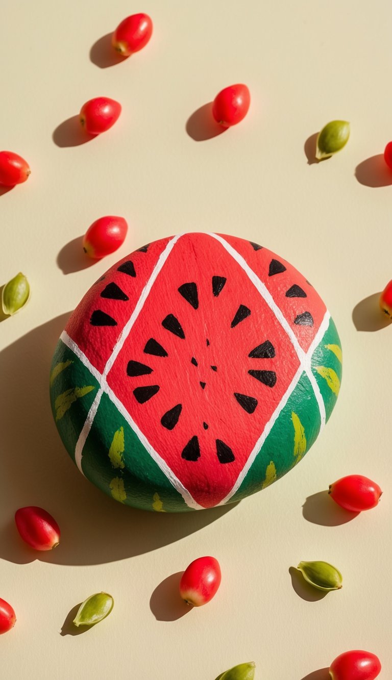 A watermelon painted rock with bold geometric patterns sits on a vibrant background, surrounded by scattered watermelon seeds
