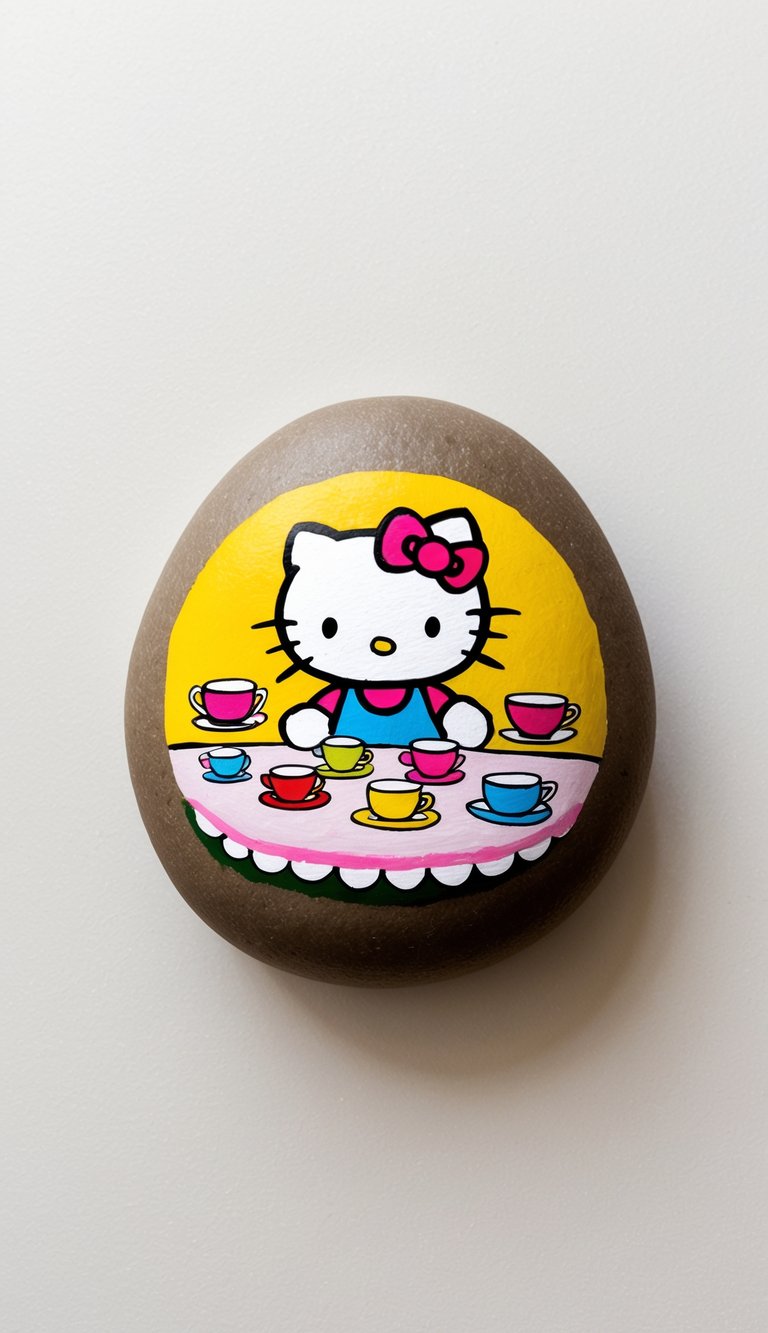 Hello Kitty sits at a tea party table surrounded by colorful teacups and saucers, with a playful and cheerful expression on her face