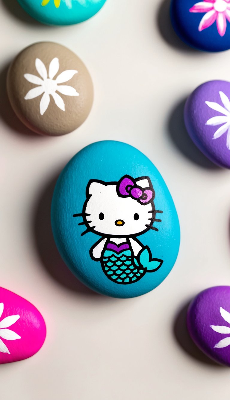 Hello Kitty in a mermaid outfit surrounded by colorful painted rocks