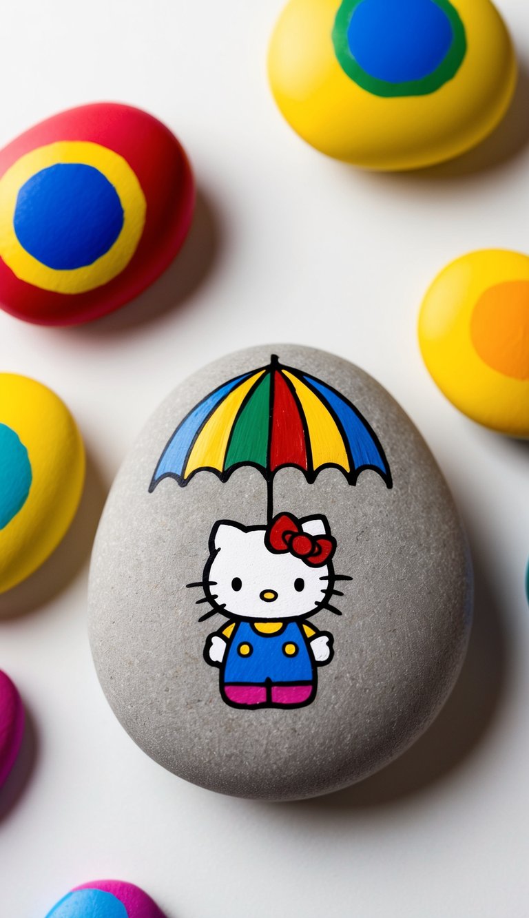 Hello Kitty stands under a rainbow umbrella, surrounded by colorful painted rocks