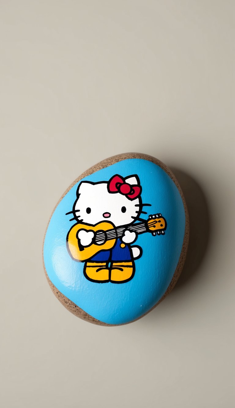 Hello Kitty sits on a painted rock, strumming a guitar with a joyful expression
