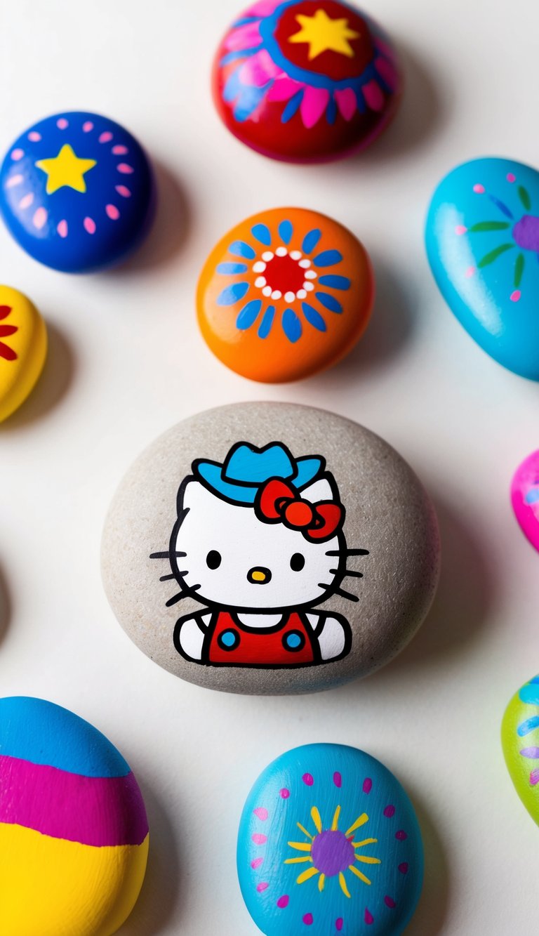Hello Kitty wearing a cowboy hat surrounded by colorful painted rocks