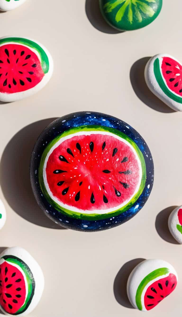 A watermelon painted to resemble a galaxy, surrounded by various watermelon-themed painted rocks